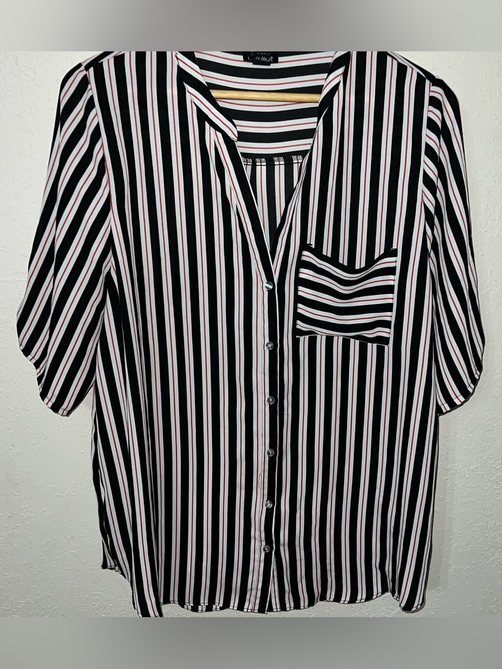 Simply Emma black, white, and red striped Button Down Blouse Size 2X.